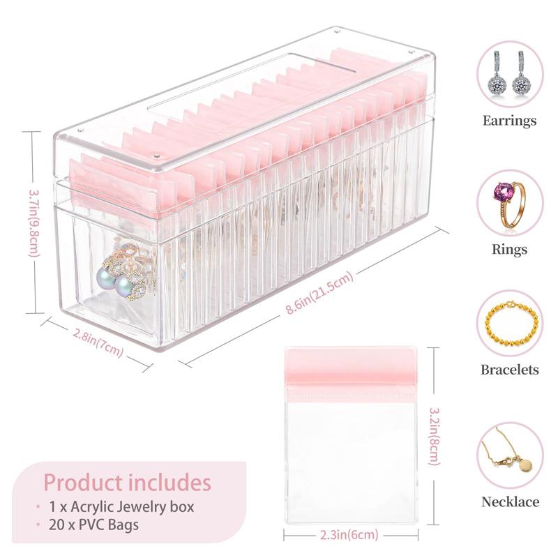 Travel Acrylic Jewelry Box Clear Jewelry Organizer with 20 Pvc Portable Anti Oxidizing Sealed Bag Earrings Ring Necklace Storage