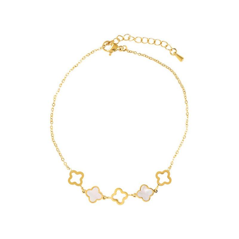 Gold Plated Stainless Steel Mother of Pearl Clover Charm Anklet