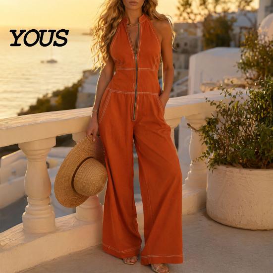 Polyester Jumpsuit Damen Ärmelloser Jumpsuit, Reißverschluss Stehkragen Weiter Bein Alle Größen Hosen Strampler, Lässige Sommer Einteiler Outfits mit Taschen
