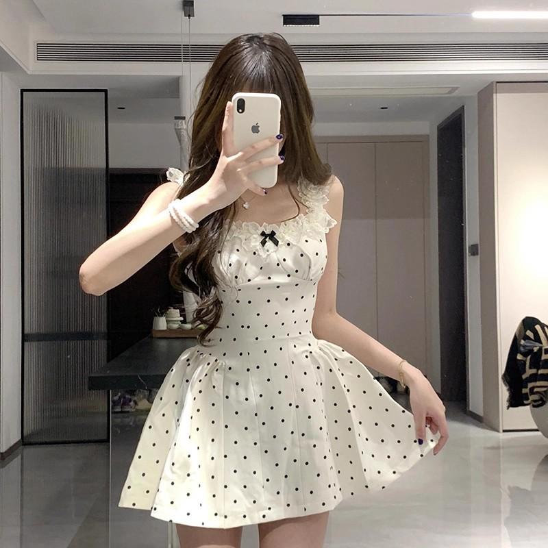 Slim body pure desire sweet and spicy waist design sense careful polka dot dress niche slim waist temperament short skirt