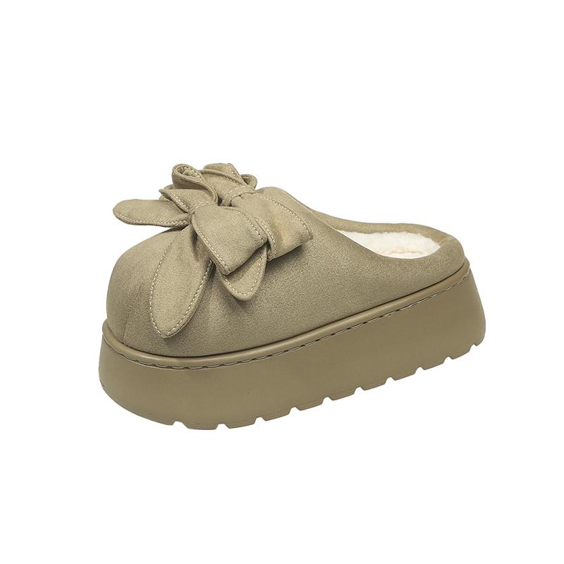 Schleifen Baotou Hausschuhe Winter Neu Runde Spitze Wildleder Plateau Sohle Rutschfest Verschleißfest Warm Baumwollschuhe