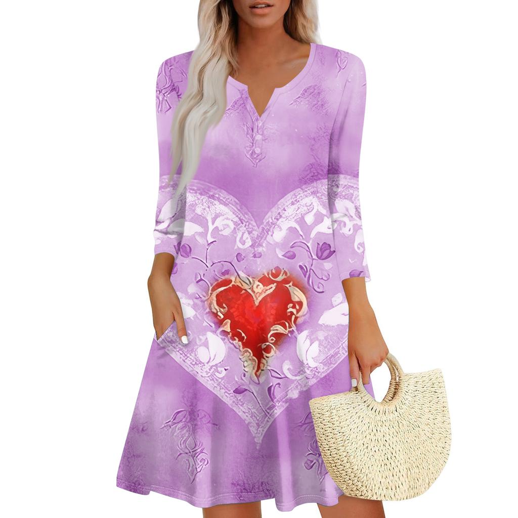 Damenkleid Locker V-Ausschnitt Dreiviertelarm Mit Taschen Kleid