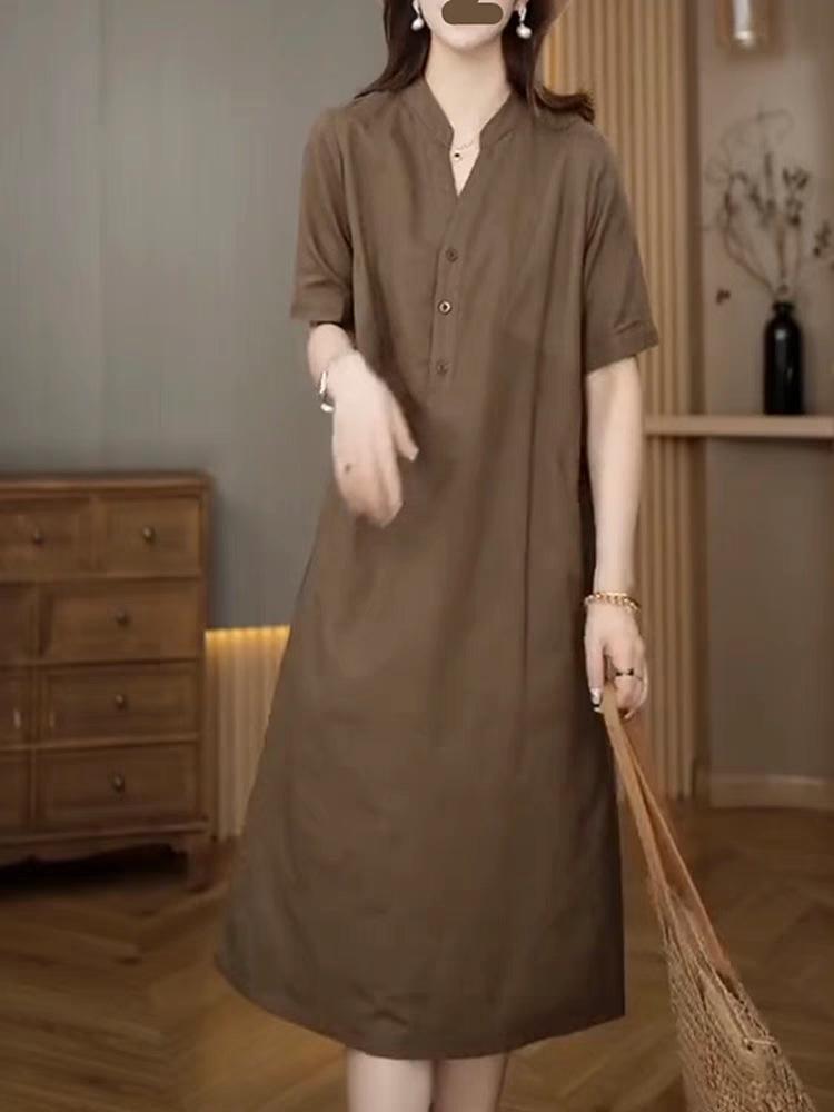 

Breathable medium and long casual short-sleeved dress 2025 summer new loose and thin V-neck cotton and linen skirt XXL темно-коричневого кольору