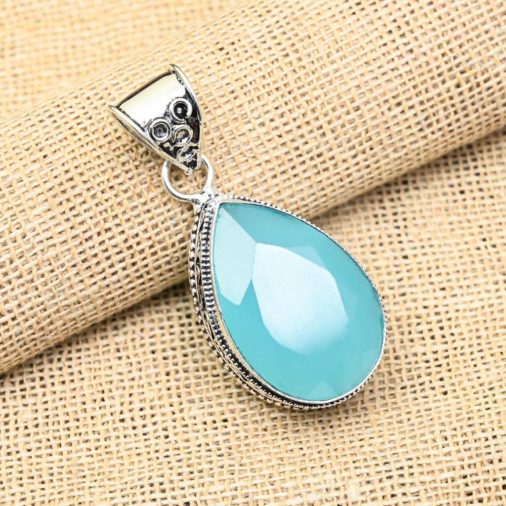 Blue Chalcedony  Pendant 925 Sterling Silver Handmade Lab-Created Jewelry For Birthday Gift
