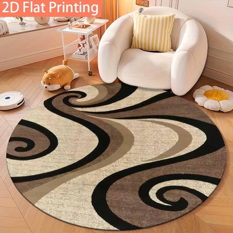 Modern Abstract Swirl Spiral Round Rug, Brown Beige Black Curved Wave Textured Print Floor Mat for Sofa Coffee Table Living Room