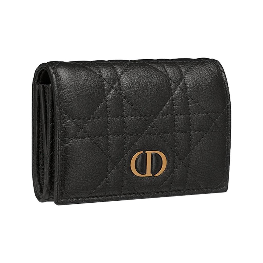 DIOR Caro Cannage Pattern Portable Soft Calfskin Card Holder Wallet Mini Women's Black