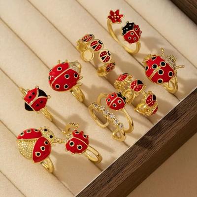 Cute Red Enamel Ladybug Rings for Women 14K Gold Plated Zircon Inlaid Adjustable Open Ring Fashion Insect Jewelry Gift for Frien