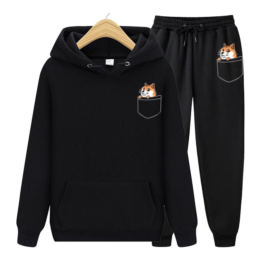 Mote Langermet Lomme Katt Herre Sett Fleece Hettegenser Bukse Tykk Varm Treningsdress Sportsklær Hettejakke Treningsdrakter Joggedress Treningsdrakt