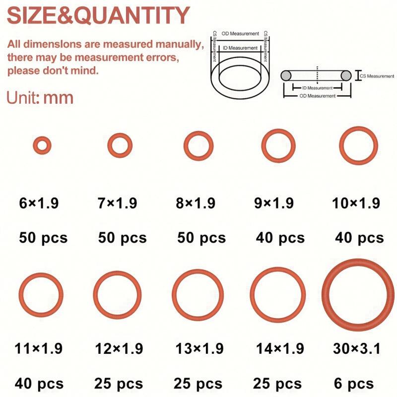 Silicone O-ring Set (351 pcs, 10 Sizes) - Oil & Heat Resistant, Ideal for Cars & Pipelines