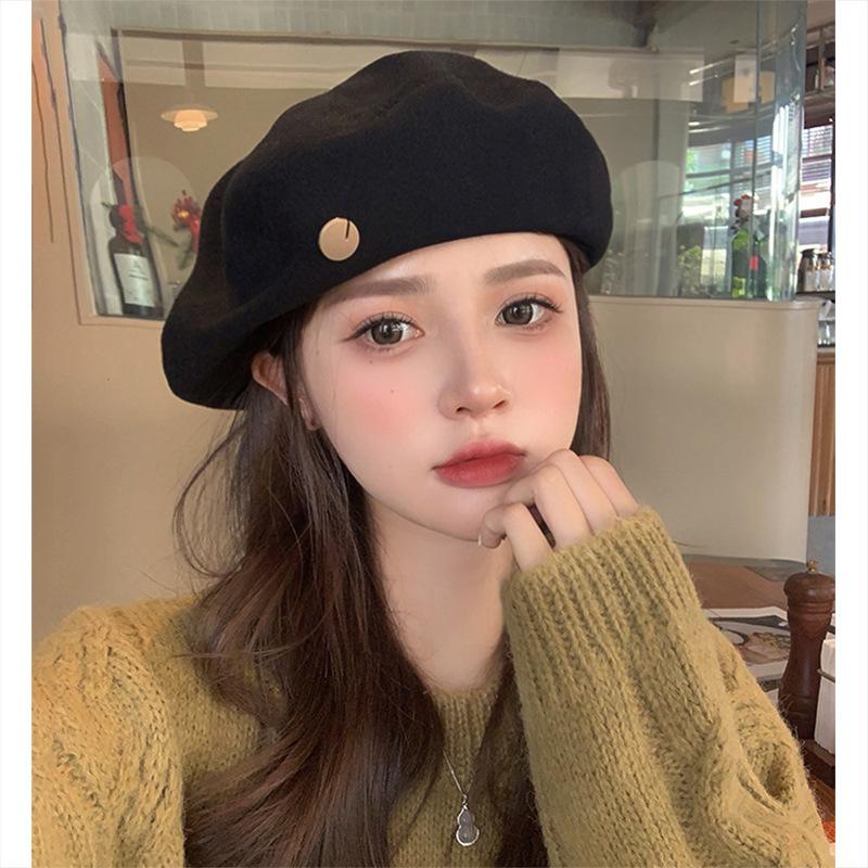 

Берет Женская Осенне-Зимняя Шляпа Универсальная Восьмиугольная Шляпа Новая Черная Шляпа Художника Шляпа-Бутон