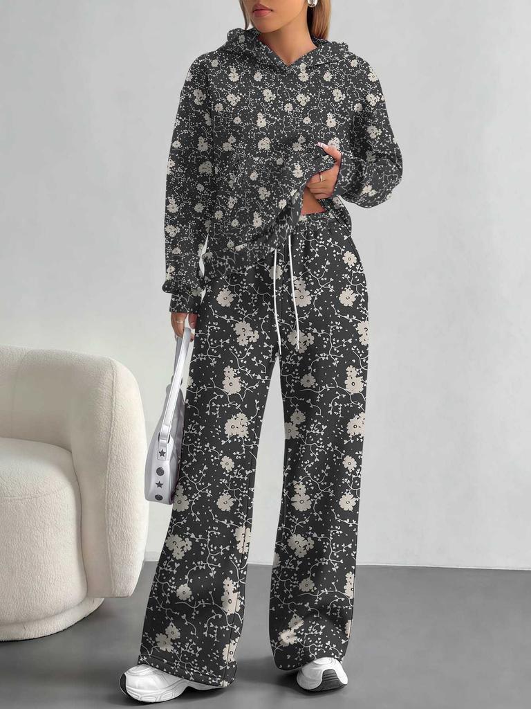 Broken Flowers European And American Autumn And Winter Casual Long-Sleeved Suit Women'S Hooded Sweater Trousers Two-Piece Set