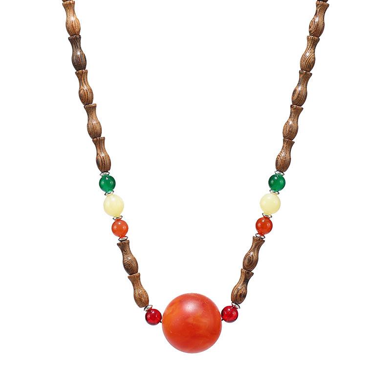 Retro New Chinese Wooden Bamboo Necklace Niche Design Beeswax Agate Pendant Collarbone Chain Women's Literary Accessories