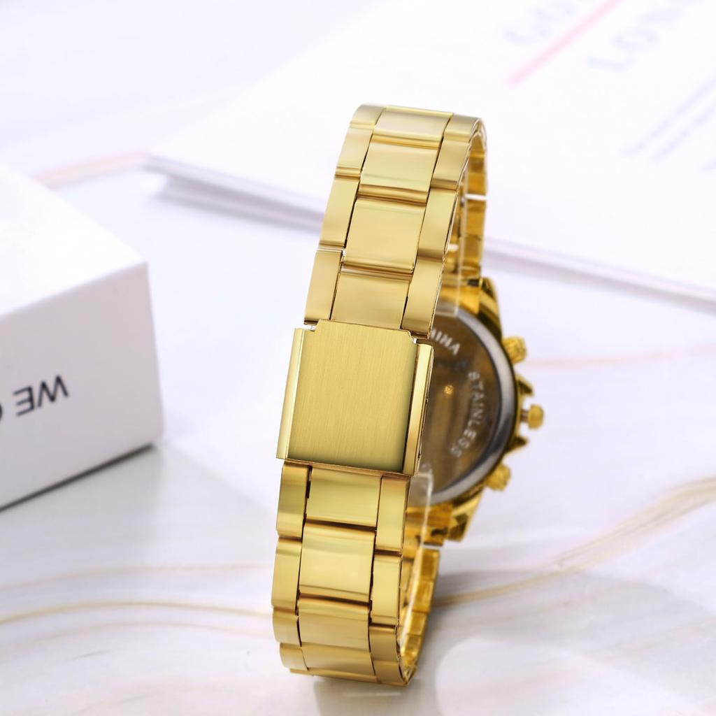 Ceas Auriu cu Diamante cu Oțel Inoxidabil Elegant Analogic Rezistent la Apă Cuarț Accesoriu de Modă Perfect pentru sau ca Cadou pentru Iubit Afișaj Brățară pentru Bărbați,