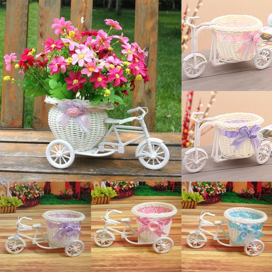 Tricycle Flower Basket Imitation Rattan Woven Decorative Candy Serving Basket Tricycle Planter Flower Holder for Floral Arrangement Party