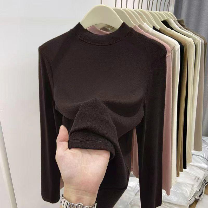

Женская облегающая рубашка с короткими рукавами, теплая, с полувысоким воротом, наполовину внутри, новая футболка с длинными рукавами на осень и зиму M глубокая кофе