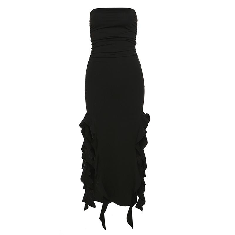 Abito Midi Sexy Senza Spalline con Volant Spacco Abito da Spiaggia Donna 2025 Estate Slim Fit Festa Femminile Vestido