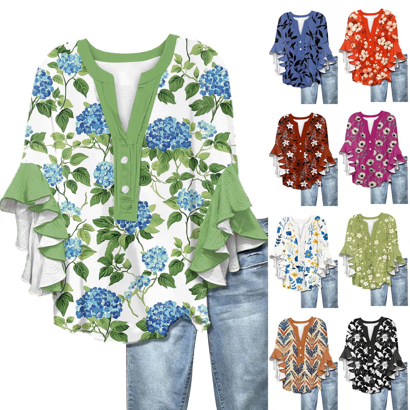 

Летние топы для женщин, симпатичные блузки с V-образным вырезом и рукавом 3/4, повседневные рубашки с цветочным принтом L