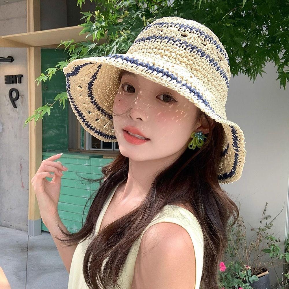 Handmade Weave Crochet Hat Summer Fisherman Caps Fashion Straw Bucket Cap  Girls