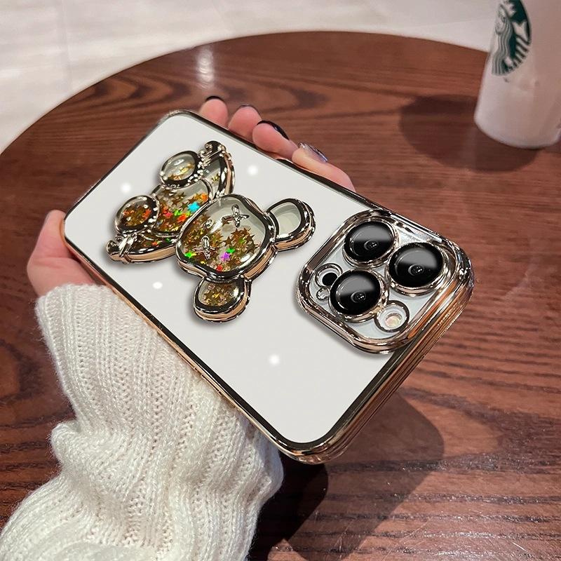 Electroplating quicksand violent bear is suitable for iPhone17 mobile phone case with glass lens film Apple 16 transparent soft case