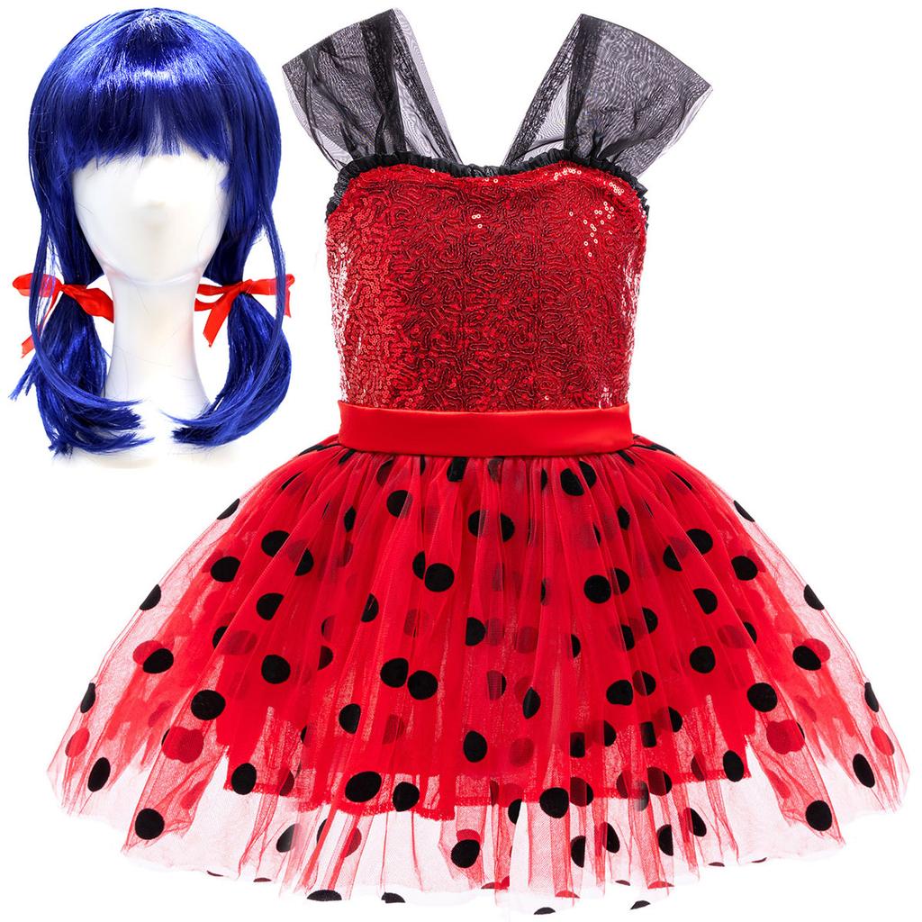 Girls Ladybug Red Costume Set with Wig Mask Dress Bag Gloves Socks Kids Halloween Cosplay Party Fancy Dress Outfit 3-10T