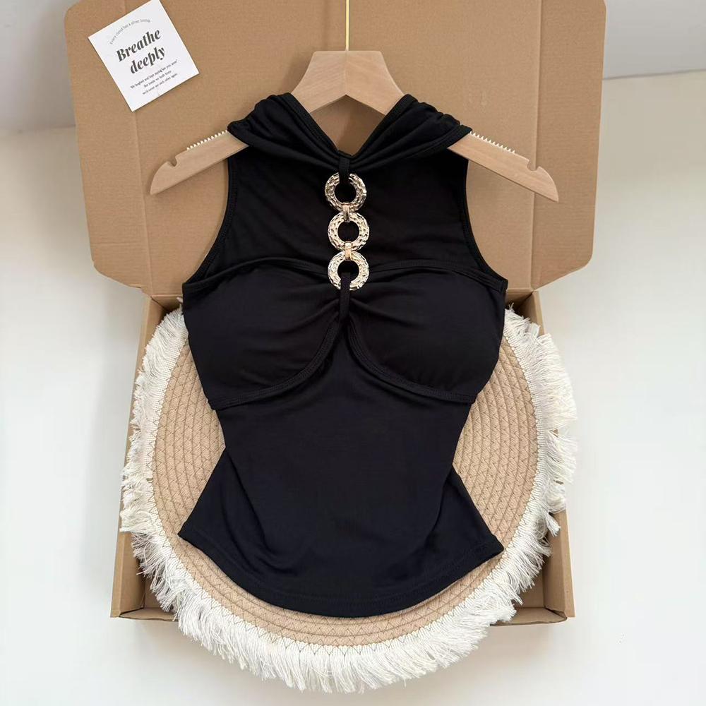 Women s Rhinestone Chain Halter Neck Tank Top, Sexy Slim-Fit Cotton Cami with Built-in Bra One size