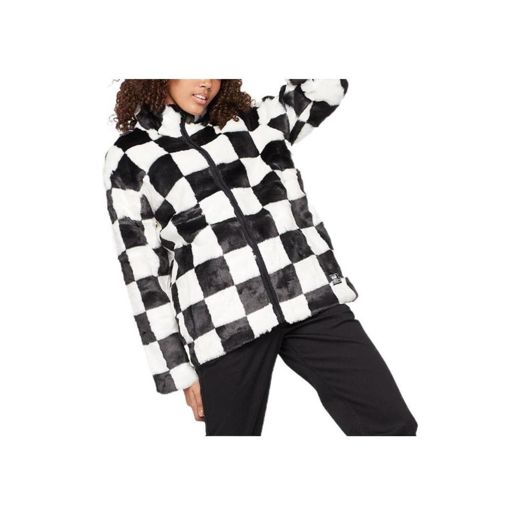Vans Black and White Checkerboard Faux Fur Stand Collar Zip-Up Jacket VN0A5LJ5705