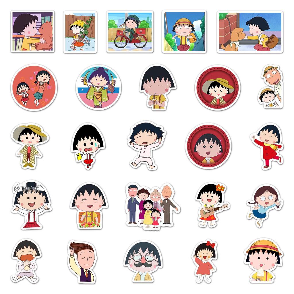 Chibi Maruko-chan Sticker Set: 50 Sheets of Japanese Anime Character Decorations for Journals, Stationery, and Suitcases