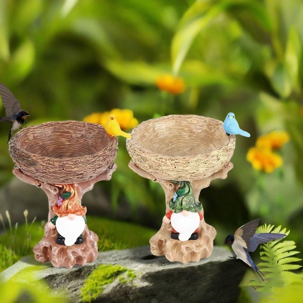 Resin Bird Feeder Dwarf Design Bird Water Bowl Fairy Garden Decoration Art Statue Outdoor