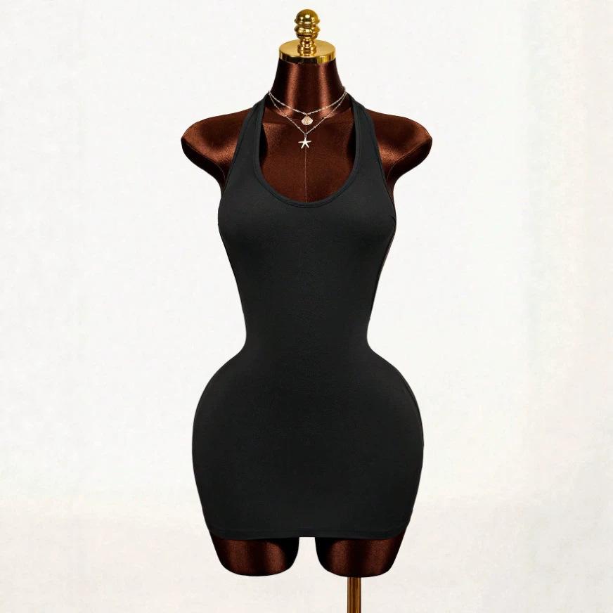 Europäische und amerikanische Sommer-Neuheit Damenbekleidung ärmellos sexy V-Ausschnitt figurbetont hüftumschließend einfarbig Neckholder kurzes Kleid
