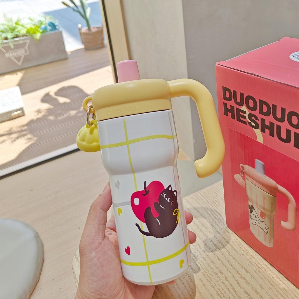 Floral Cartoon Handle Stainless Steel Vacuum Insulated Cup with Tea Infuser and Straw