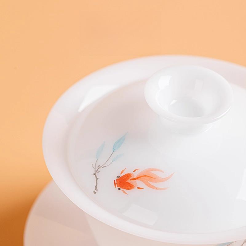 Fugui Fish Hand-painted Ice Jade Porcelain National Style Three Talents Cover Bowl Kung Fu Tea Set Single Tea Bowl High-end