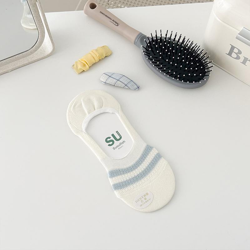 

Полосатые носки для женщин на лето, тонкие сетчатые дышащие носки-лодочки из чистого хлопка, силиконовые противоскользящие носки-невидимки с мелким вырезом, бесшовные носки 1 pair бежевый