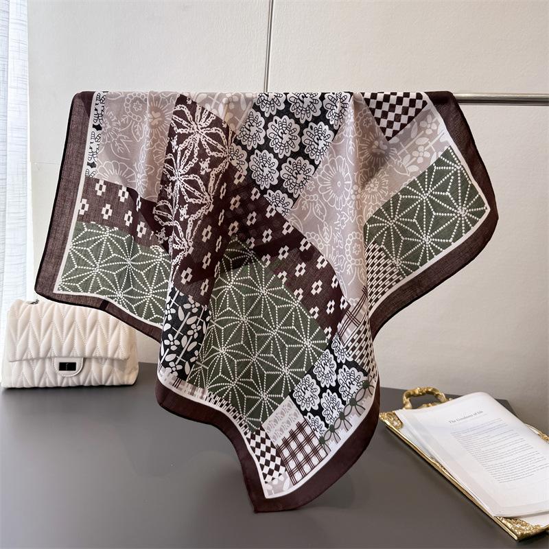 2024 Luxury Animals Floral Print 70cm Cotton Velvet Square Scarf for Women Soft Neckerchief Lady Hijab Neck Tie Hair Headbands
