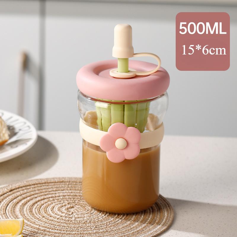 

Цветочная чашка Высококачественная стеклянная чашка Переносная трубчатая чашка Стакан для воды 401-500ml розовый