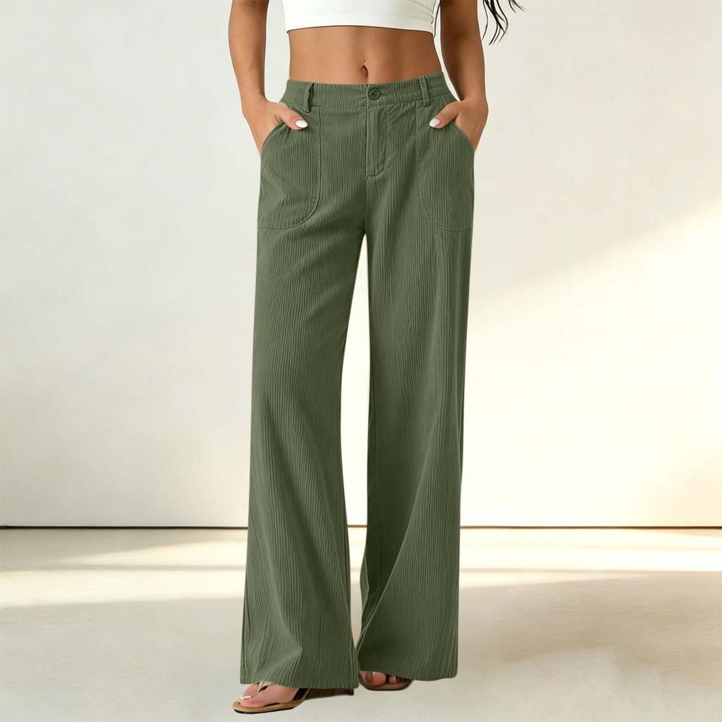 Women's Corduroy Dress Pants with Elastic Waist and Single Button Closure, Color Work Trousers