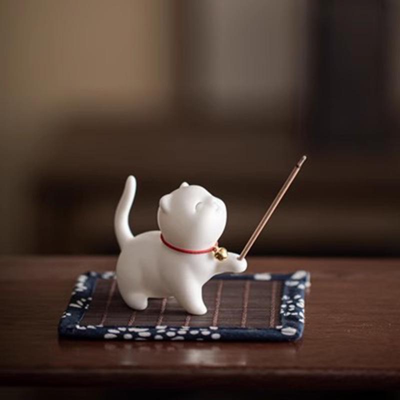 Ceramic Cat Incense Holder - Cute Aroma Burner for Home and Office