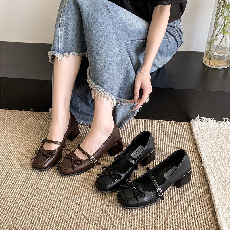 Retro Thick Heel Evening Shoes Single Shoes Women's Shoes New Spring and Autumn Black Mary Jane Small Leather Shoes