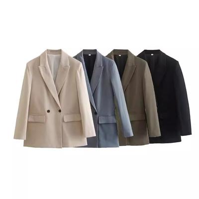 Women's Fashion Double Breasted Loose Fitting Blazer Coat Vintage Long Sleeve Pockets Female Outerwear Chic Veste