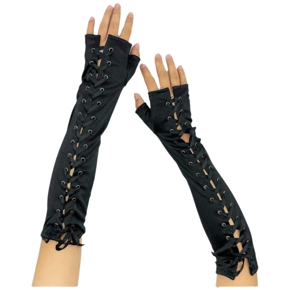 Sweet Long Ribbon Gloves Lolita Elastic Half Finger Gloves Elbow Long Cloth Women Gloves Prom Dress