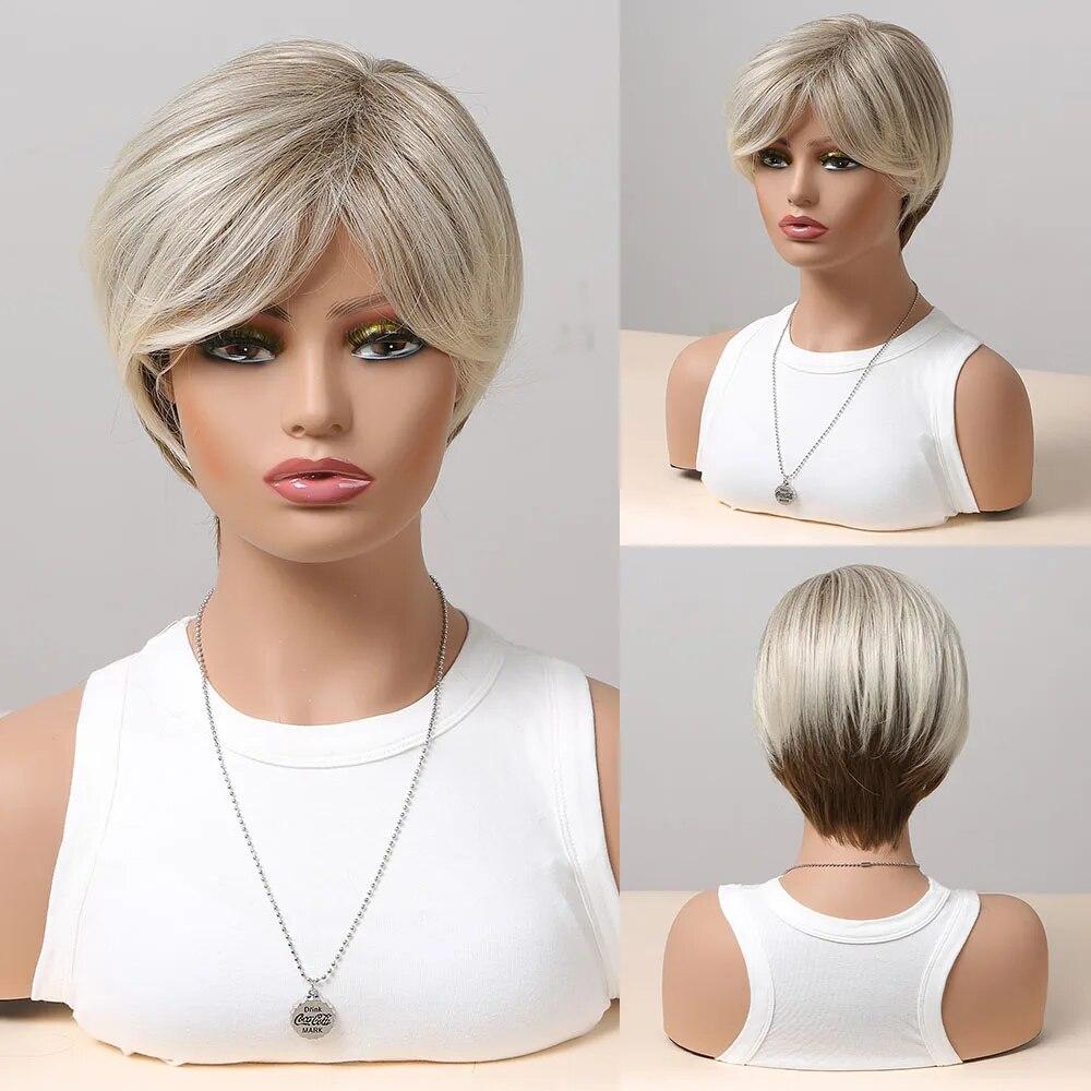 Short Straight Bob Synthetic Wigs with Bangs for Women Brown To Blonde Wig Cosplay Party Daily Heat Resistant Fiber Hair