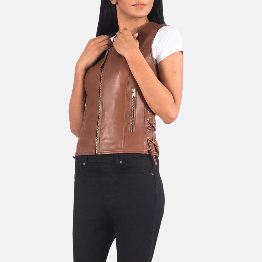 Side Lace Stylish Western Zip Waist Coat Women Vest Coat Brown Lambskin Leather