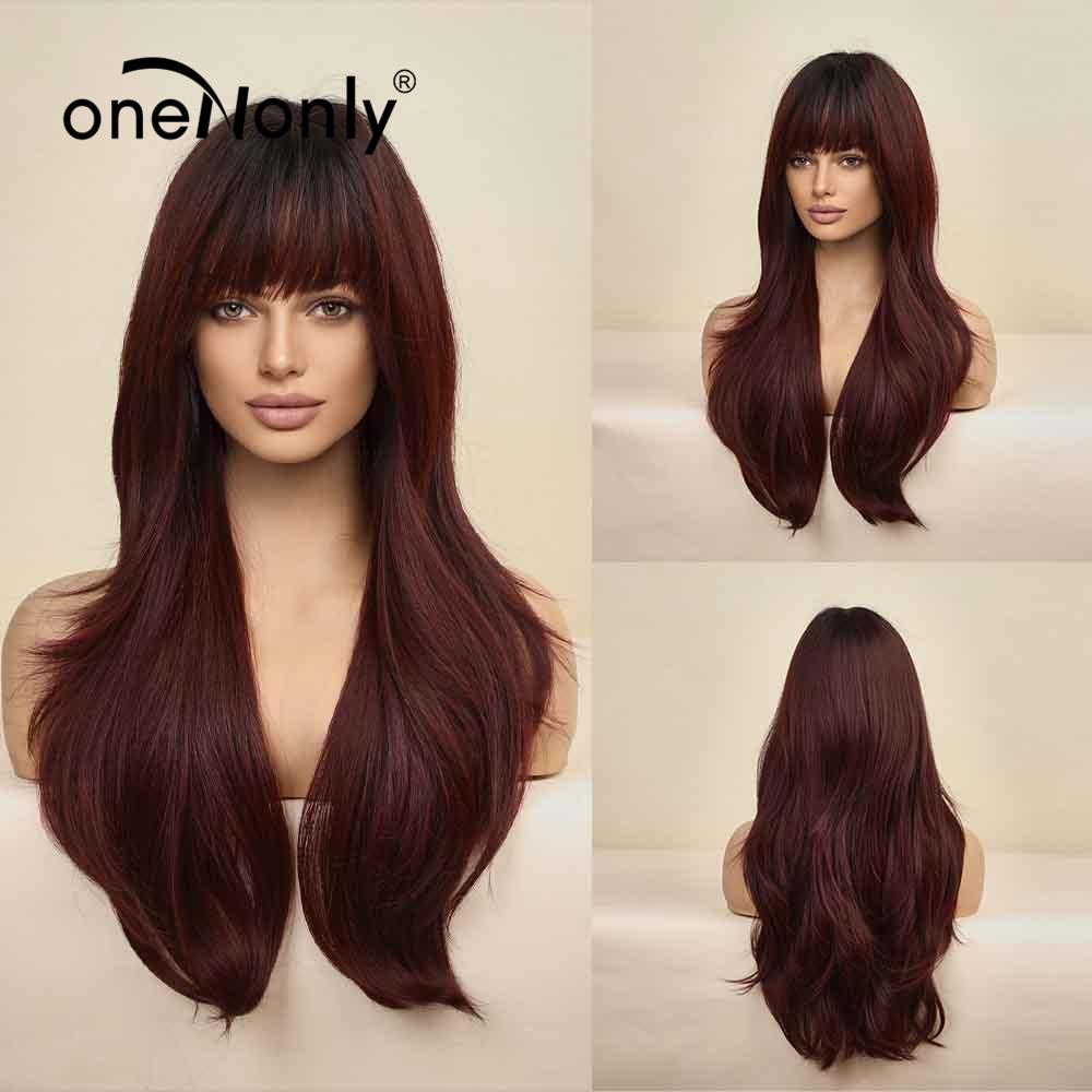 oneNonly Long Body Wave Ombre Brown Pink Synthetic Wigs with Bangs Natural Wave for Women Cosplay Natural Wig Heat Resistant