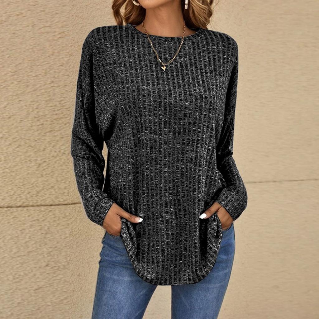 Women's Fashionable Solid Color Round Neck Long Sleeved Loose Fitting Pullover T-shirt Top