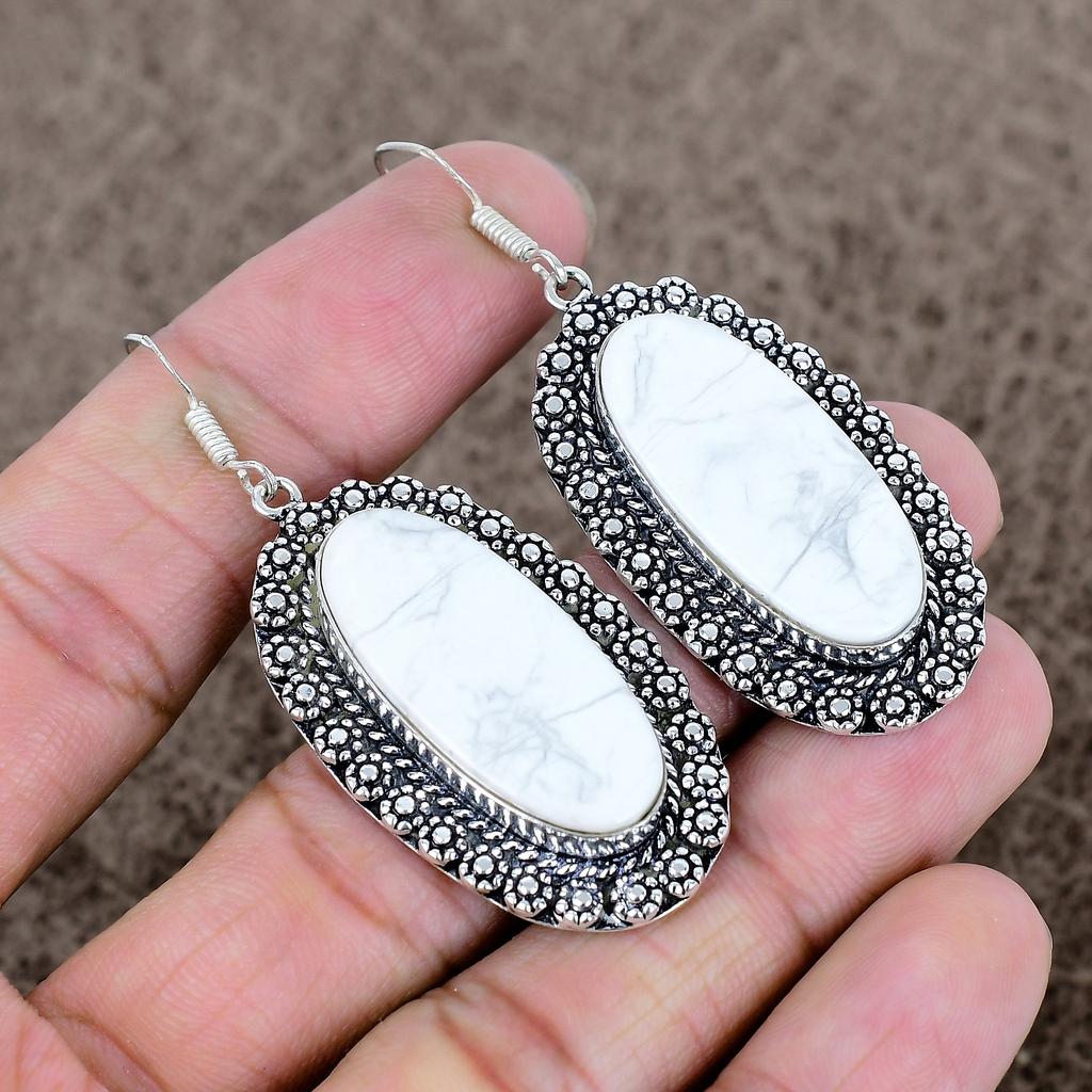 Howlite Jasper Gemstone Handmade 925 Sterling Silver Jewelry Earring 2.44" KKG-685
