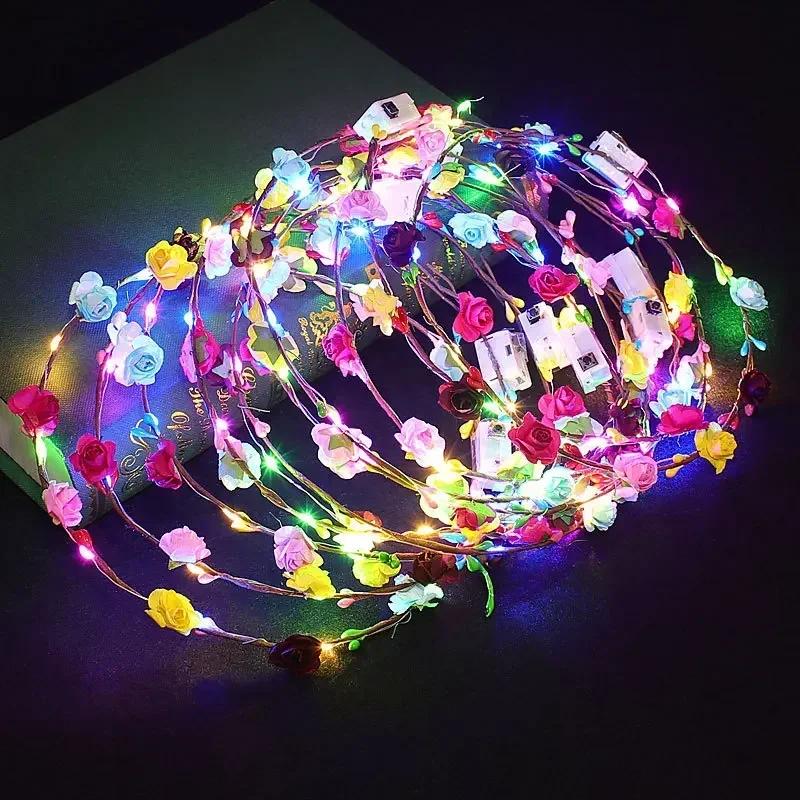 10-80PCS  Halloween Light Up Flower Garland Headband for Party Costume Hair Accessory Glow In The Dark Headwear Decoration