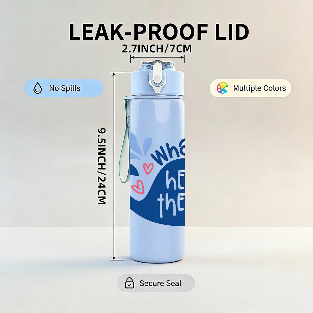 1PC Blue Whale Hello There Text 750ml Color Plastic Sports Water Bottle Leakproof Flip Straw Lid Suitable for Sports Office Home Use
