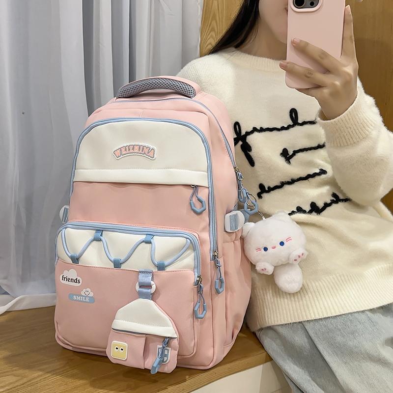 Student Schoolbag Women's Color Contrast Backpack Large Capacity Backpack with Coin Purse