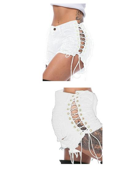 Beggar Ripped Women's Jeans with Eyelet Bandage - European and American Sexy Nightclub Hot Pants