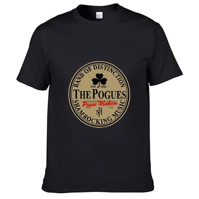 Letni Wygodny Męski T-shirt Casual z Okrągłym Dekoltem i Wzorem THE POGUES Irlandzki Bar Rockowy Zespół Koniczynka Odznaka