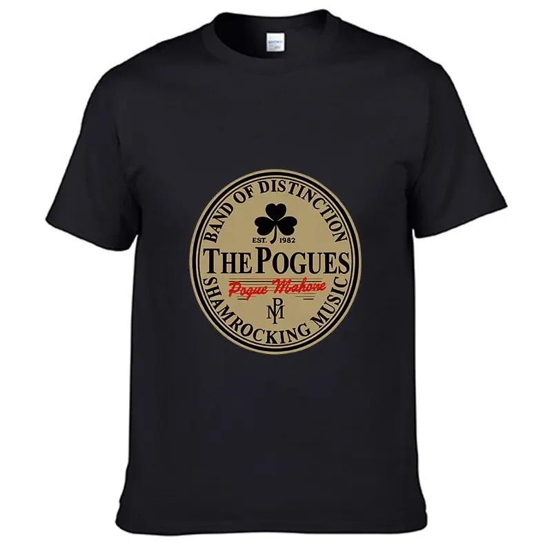 Summer Comfortable Men's THE POGUES Irish Bar Rock Band Pattern Casual Round Neck T-shirt Clover Badge